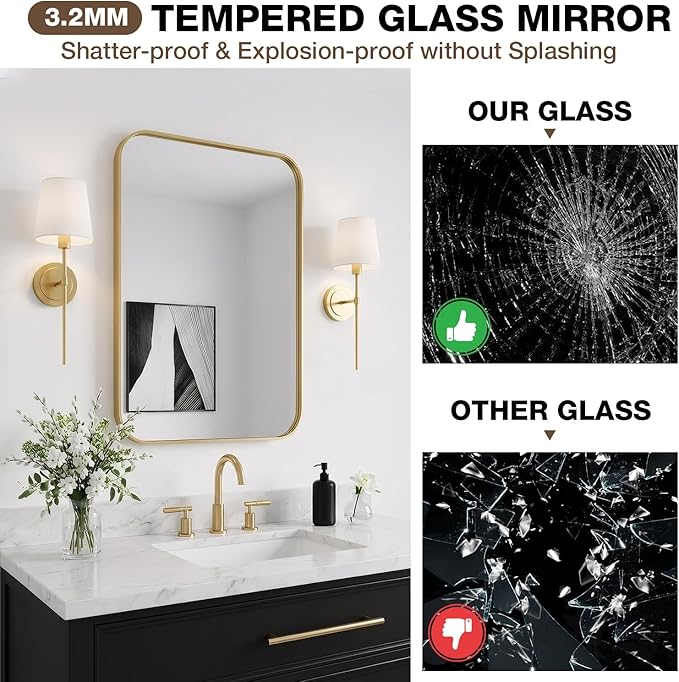 24x32 Inch Bathroom Mirrors for Over Sink, Brushed Gold Rectangle Mirror for Bathroom or Entryway, Wall Mounted Vanity Mirror with Aluminum Alloy Frame & Tempered Glass, Hangs Horizontally/Vertically - Image 4