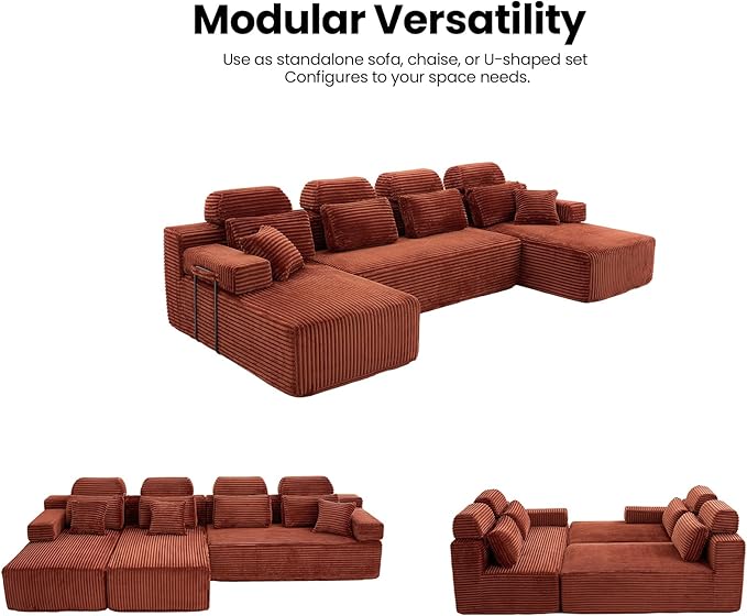 141" U-Shaped Cloud Modular Sectional Sofa with Chaise & Headrest, Boneless Deep Seat Plush Corduroy Couches for Large Living Room, No Assembly Required (Orange, 141" U-shapred Chaise)