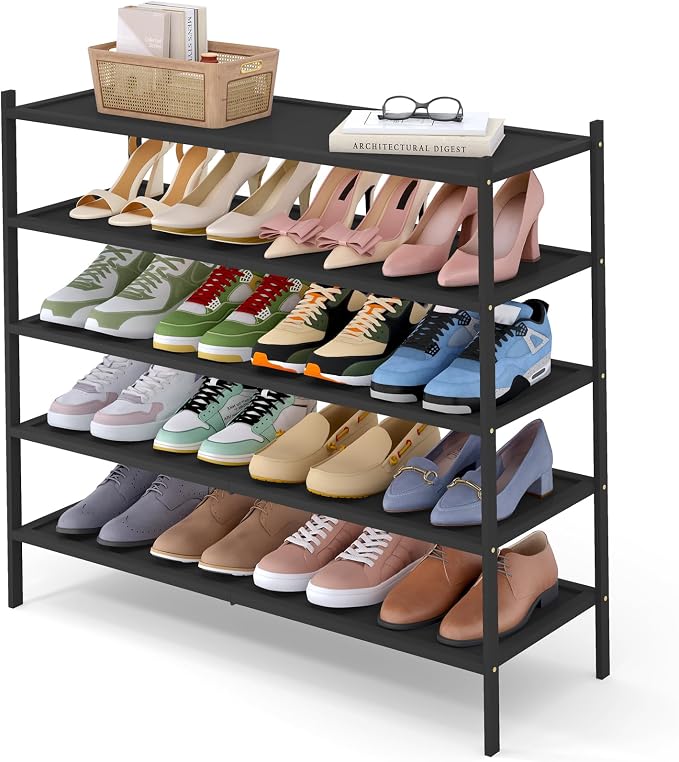 Smiry Bamboo Long Shoe Rack, 5 Tier Shoe Organizer for Entryway & Closet, Stackable Free Standing Storage Shelf for Shoes, Bags & Plants, Black by Smiry