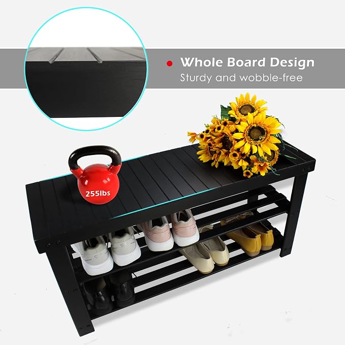 SMIBUY Bamboo Shoe Rack Bench, 3-Tier Shoe Organizer Storage Shelf for Entryway Hallway Bathroom Living Room (Black) - Image 7