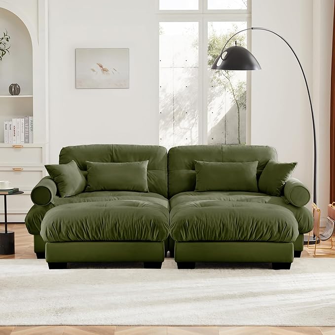 KEIKI 94" Oversized Velvet Modular Sectional Loveseat Sofa with 2 Ottoman, High-Density Foam Cushions and Bolstered Armrests, Upholstered 2-Seater Cloud Couch with 4 Pillow, for Living Room, Green