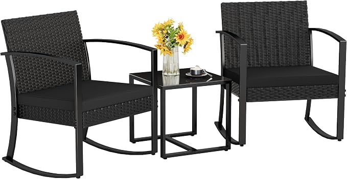 Homall Patio Furniture Set 3 Piece Resin Outdoor Bistro Set Rocking Patio Chairs with Cushions and Table for Porch, Poolside, Balcony and Yard (Black) by Homall