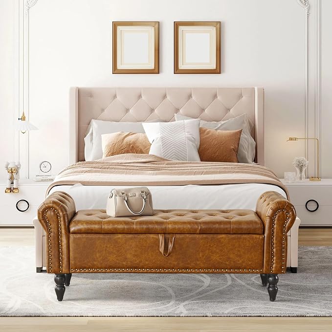 Furniliving Storage Ottoman Bench, Leather Benches End of Bed Bench with Solid Wood Legs Upholstered Ottoman Bench with Storage Indoor Bench for Living Room with Rolled Arm, Entryway, YellowBrown - Image 2