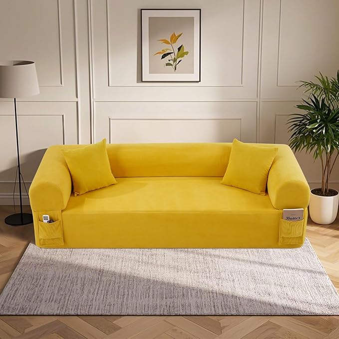 83'' Boneless Sofa in A Box, 3-Seater Floor Sofa No Assembly Corduroy Couch for Living Room, Cloud Couch with 2 Pillows & Storage Bag, Memory Foam Small Floor Couches for Office, Bright Yellow