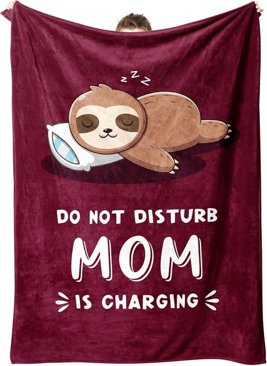 Funny Gifts for Mom Mothers Day, Mom is Charging Sloth Blanket, Birthday Gifts for Moms from Daguther Son, Moms Gift for Mothers Day, Soft Sloth Throws Blanket for Mother, Burgundy, 60" x 80"