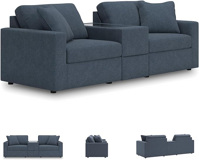 Signature Design by Ashley Modmax Contemporary Modular Stain Resistant 3-Piece Sectional with Storage Console, Drawer and 2 Accent Pillows, Blue