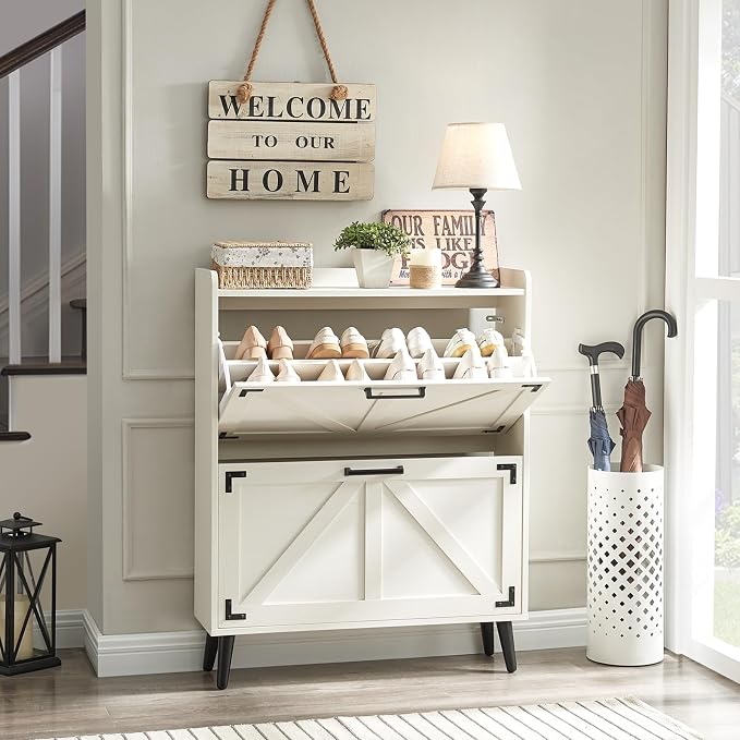 Barnyatoh Shoe Storage Cabinet with 2 Flip Drawers, Farmhouse Hidden Shoe Organizer, Narrow Slim Shoe Rack Cabinet for Entryway Hallway,Antique White by Barnyatoh