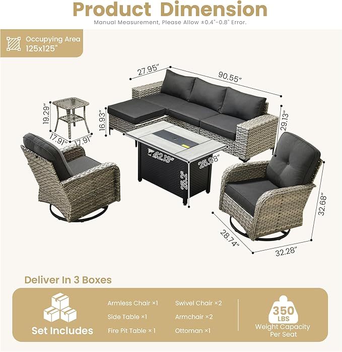 HOOOWOOO Outdoor Sectional Furniture Set with Fire Pit Table,8 Pieces Wicker Patio Conversation Sets,L Shape All Weather Outside Couch Sofa Set with Swivel Chairs Side Table Ottoman,Black
