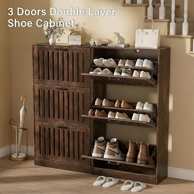 Shoe Storage Cabinet for Entryway with 3 Flip Drawers, Wooden Shoe Organizer with Adjustable Shelf, Freestanding Wood Fluted Panel Shoes Cabinet Closed Shoe Rack for Hallway, Foyer, Walnut - Image 7