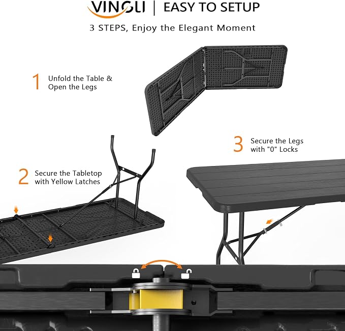 VINGLI 8 Foot Plastic Folding Table Portable Long Table for Indoor Outdoor Use Rectangular with Carrying Handle, Black - Image 3
