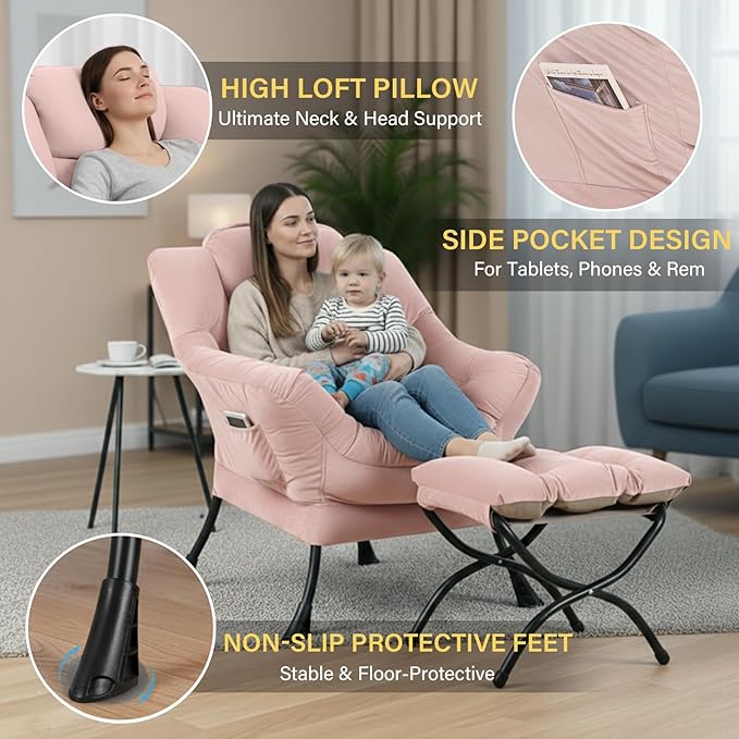 Lazy Chair and Ottoman, Large Accent Pink Velvet Chair with Side Pocket, Modern Leisure Upholstered Sofa Reading Armchair with Footrest for Office, Bedroom, Living Room, Dorm, Balcony