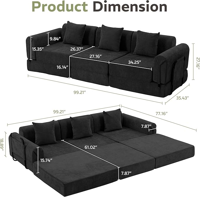100" Convertible Sleeper Sofa Bed, Oversized Modular Sectional Cloud Sofa with Fixed-Shape Frame & Tabletop, Boneless Couch with Storage Pocket for Living Room, No Assembly Required, Black