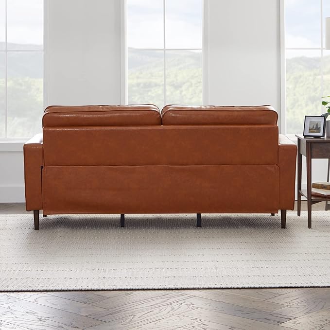 Edenbrook Lynnwood Upholstered Sofa - Couch for Living Room Office or Bedroom - Mid-Century Modern Design Furniture - Buttonless Tufting - Simple Assembly - 2 Bolster Pillows - Camel Faux Leather