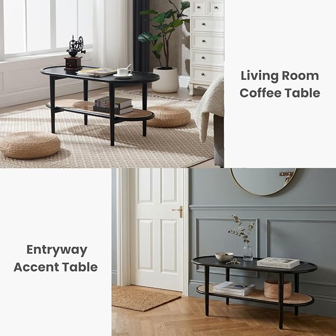 Black 2-Tier Oval Coffee Table with Rattan Storage Shelf, Modern Boho Cane Wicker Coffee Table for Living Room, Minimalist Wooden Accent Table for Entryway