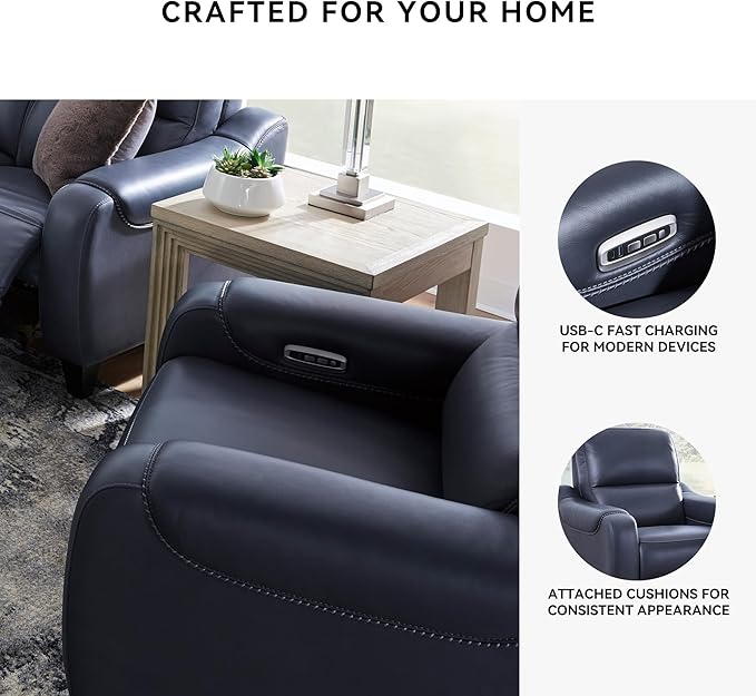 Signature Design by Ashley Mercomatic Contemporary Power Recliner with Adjustable Headrest and USB-C Fast Charging, Leather, 20.63" Seat Height, Blue