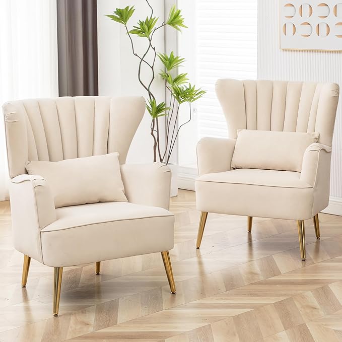 Modern Accent Chairs Set of 2, Comfy Wingback Armchair with Pillow Upholstered Sofa Chair Reading Chair for Bedroom, Living Room, Small Spaces Beige