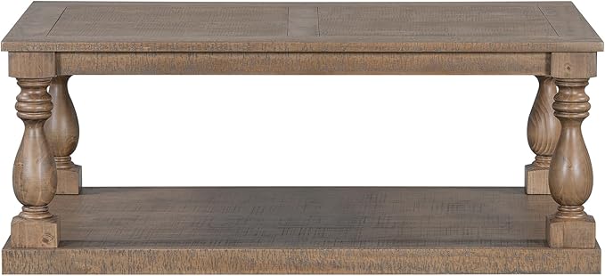 P PURLOVE Solid Wood Coffee Table, Modern Farmhouse Coffee Table/Center Table with Storage Rectangle for Living Room,Brown