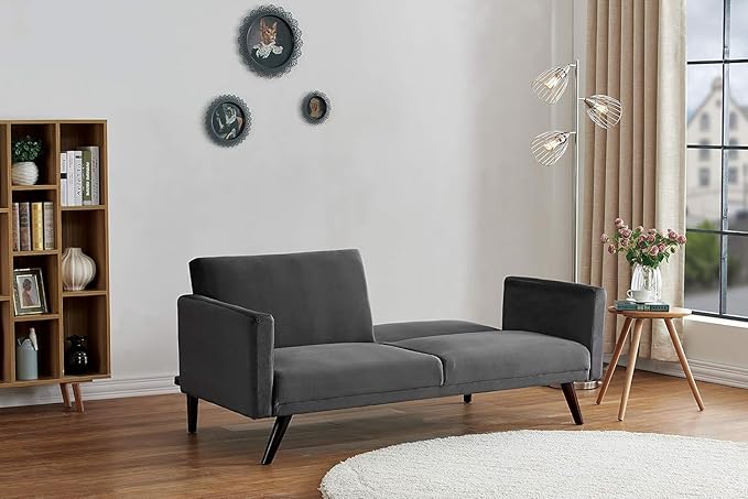 72" Retro Velvet Sofa Bed - Vintage Modern Convertible Futon w/Reclining Backrest - Velvet Upholstery on Solid Wood Frame (72" L x 34.6" W x 30.23" H), Grey