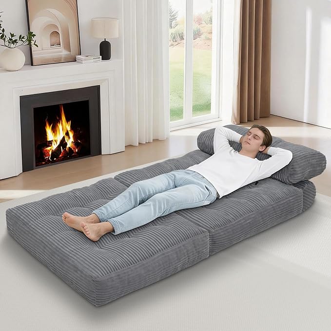 Folding Sofa Bed, Convertible Sleeper Chair with Pillow & Handle, Foldable Mattress Futon Chair Bed Lounge with Back Support, Comfy Floor Sofa for Living Room Bedroom, LightGrey, Single