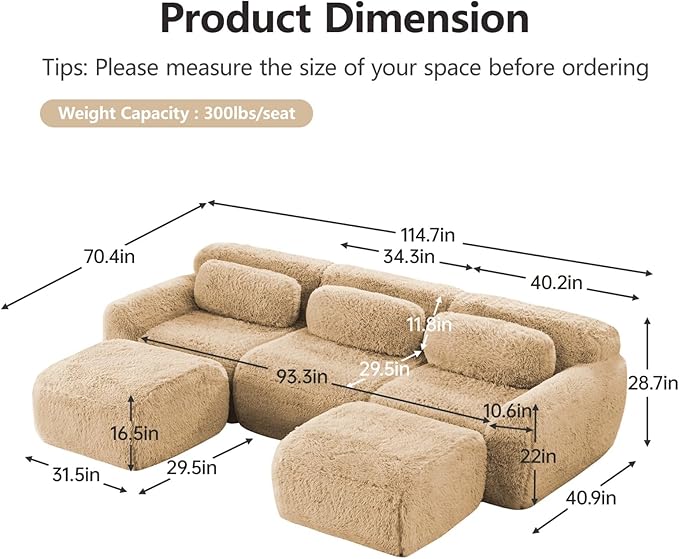 114.7" Modular Boneless Sofa, Modern Sectional Couch, U-Shape Boneless Couch for Living Room Apartments Bedroom, 32D High Density Sponge Lounge Sofa, No Assembly Required, Light Khaki