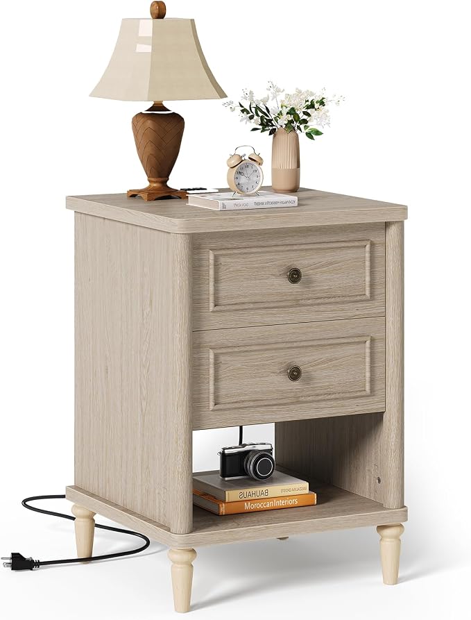 Bestier Night Stand with Charging Station, 26.7" H Farmhouse Nightstand with 2 Drawers & Open Shelf, Solid Wood Nightstand with AC Outlets, USB & USB-C Ports, Bed End Tables for Bedroom, Cream Oak by Bestier