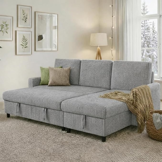 Shintenchi Futon Sofa Bed Convertible Couches L Shaped, 4‑in‑1 Sectional Sleeper Sofa Pull Out Couches for Living Room, Multifunctional Couch with Storage Chaise Corduroy Fabric, Light Gray