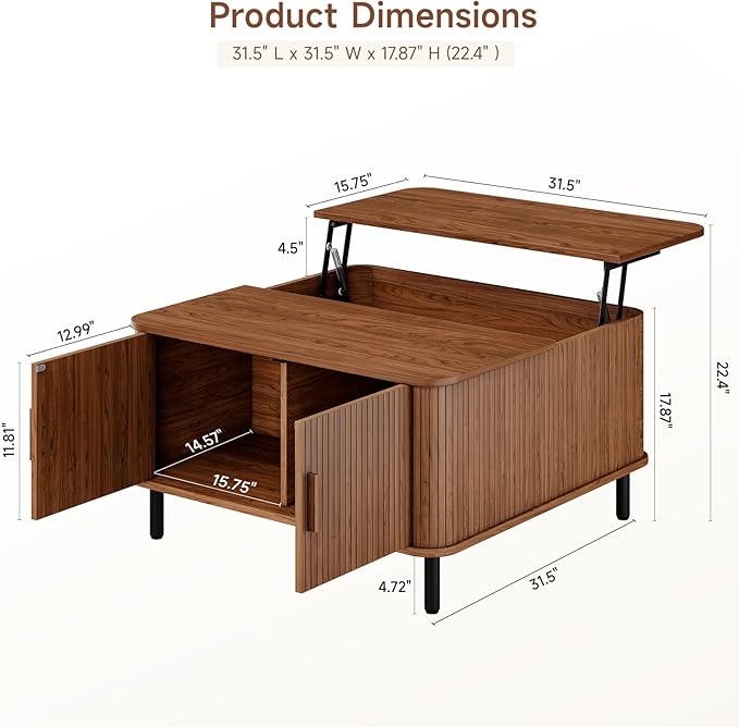 ONBRILL Lift Top Coffee Table with Large Hidden Compartment, Wood Square Coffee Table with Adjustable Footpads, Mid-Century Modern Lift Tabletop Dining Table for Living Room, Home Office, Walnut