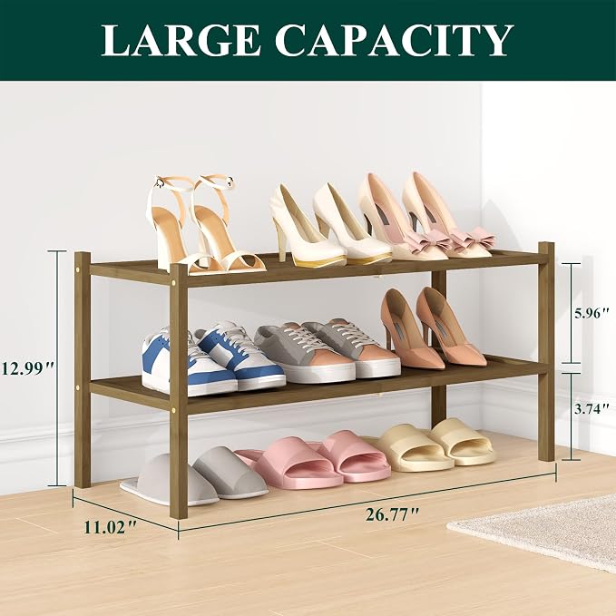 Smiry Bamboo Shoe Rack, 2 Tier Shoe Organizer for Entryway & Closet, Stackable Free Standing Storage Shelf for Shoes, Bags & Plants, Walnut - Image 2