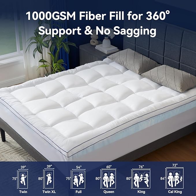 Queen Size 4 Inch Dual Layer Mattress Topper, 2 Inch Fluffy Soft Pillow Top Mattress Pad Cover and 2 Inch Gel Memory Foam for Back Pain Relief, Breathable, Cooling