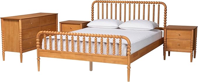 Baxton Studio Lucera Bobbin Wood Bedroom Set, 4-Piece, Queen, Oak Brown