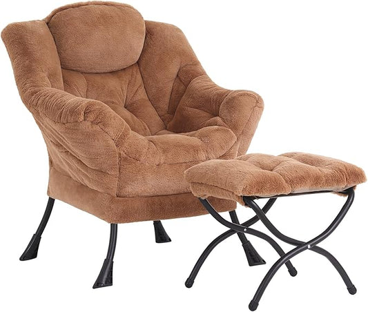 Cozy Lazy Chair and Ottoman, Large Contemporary Plush Brown Accent Chair Set, Modern Leisure Upholstered Reading Armchair for Bedroom, Living Room, Dorm Rooms, Office, Balcony