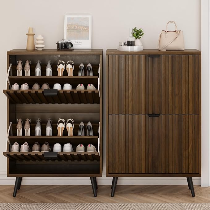 Smuxee Shoe Cabinet with 2 Flip Drawers, 23.6" Walnut Hidden Shoe Storage Cabinet with Fluted Design, Freestanding Shoe Organizer Cabinet for Entryway, Hallway, Closet, Living Room - Image 3