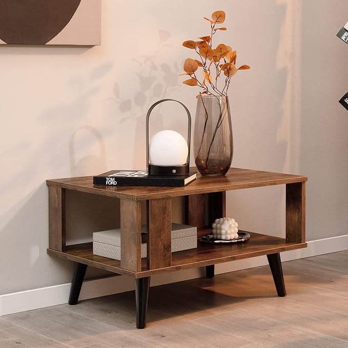 Tangkula Small Coffee Table for Living Room, 2-Tier Wooden Center Table with Open Storage Shelf, Side Baffle, Easy Assembly, Industrial Side Table for Small Space Bedroom (Rustic Brown)