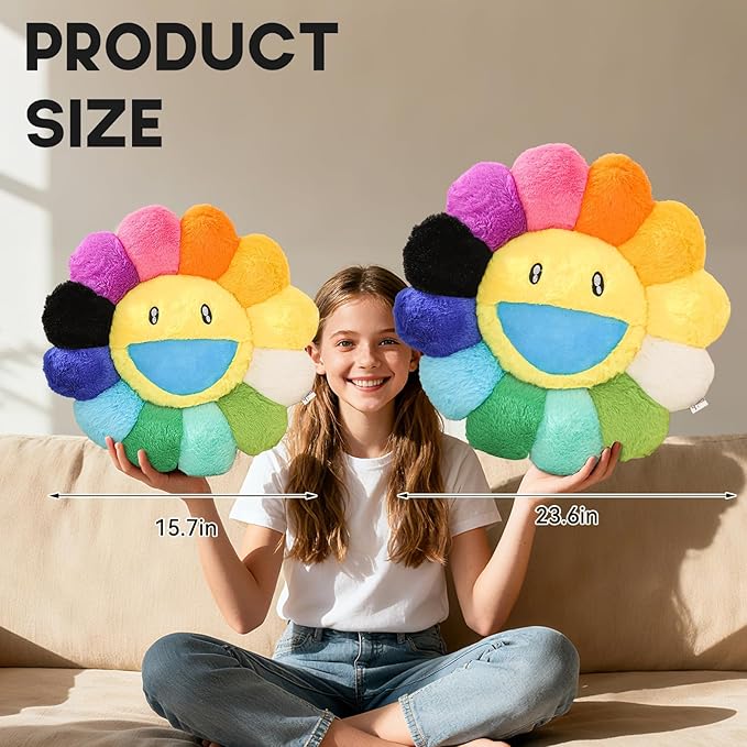 Flower Pillow,Colorful Flower Shaped Throw Pillow,Smiley Face Floor Cushions,Cute Sunflower Plush Pillows,Cute Plushie Room Decor,Decorative Pillows for Bed,Couch,Sofa,Car (Colorful,15.7In)