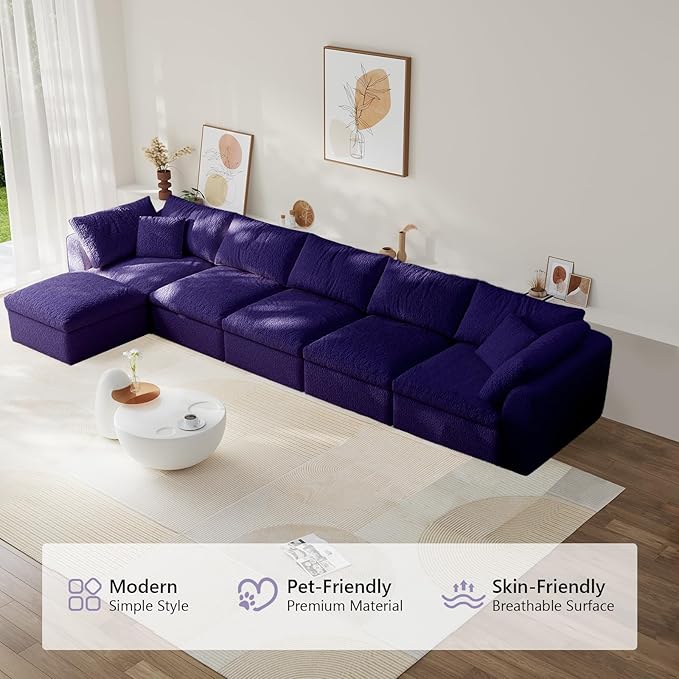 Modular Sectional Sofa Boneless Cloud Couch for Living Room, L Shape Deep Seat Recliner Sofa with Ottoman, Adjustable Backrest & 2 Throw Pillows - Covers Washable, (Purple, 5 Seater+1 Ottoman)