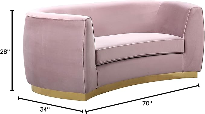 Meridian Furniture Julian Collection Modern | Contemporary Velvet Upholstered Loveseat with Stainless Steel Base in Rich Gold Finish, Pink, 70" W x 34" D x 28" H