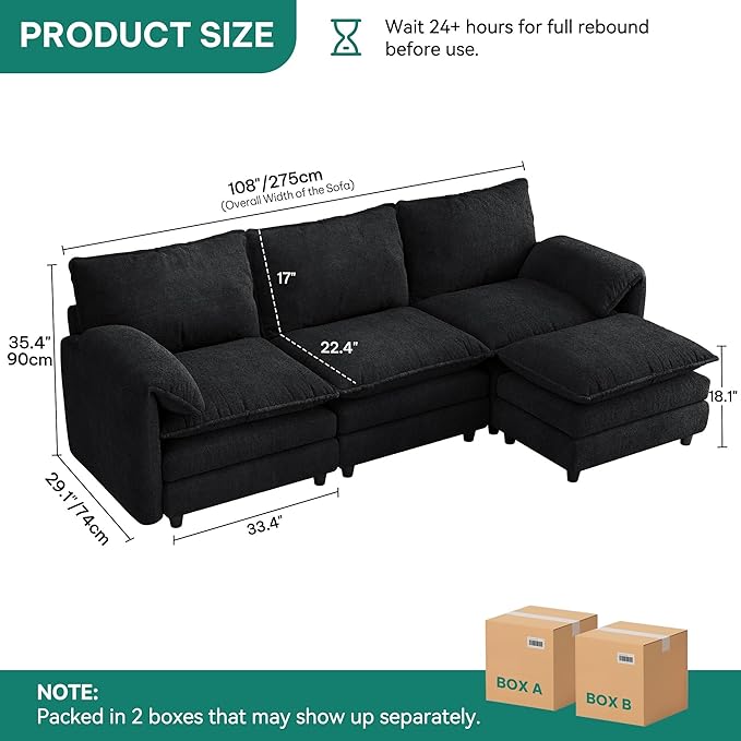 DWVO 108" Modular Sectional Sofa, Modern L Shaped Couch with Movable Ottoman, Pillow-Armrest, Velvet 4 Deep Seat Cloud Couch for Living Room, Black