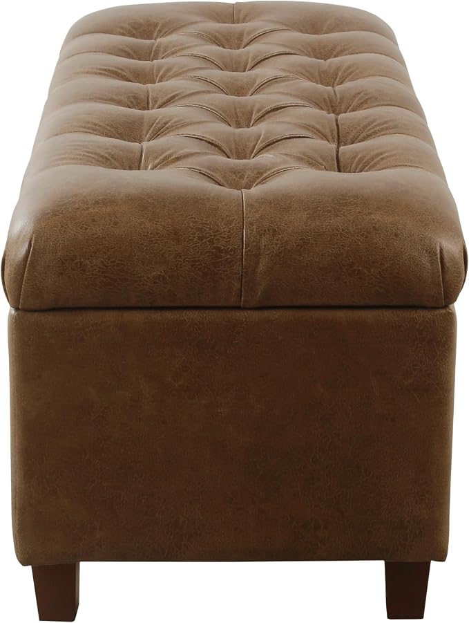 Homepop Home Decor | Button Tufted Storage Bench | Ottoman Bench with Storage for Living Room & Bedroom, Distressed Brown Faux Leather - Image 6