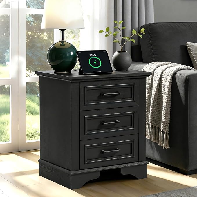 22-Inch Wide Modern Nightstand with Charging Station, End Table with 3 Large Drawers, Simple Design Bedside Table for Bedroom and Office,Black(Single Piece) by PiChongspace
