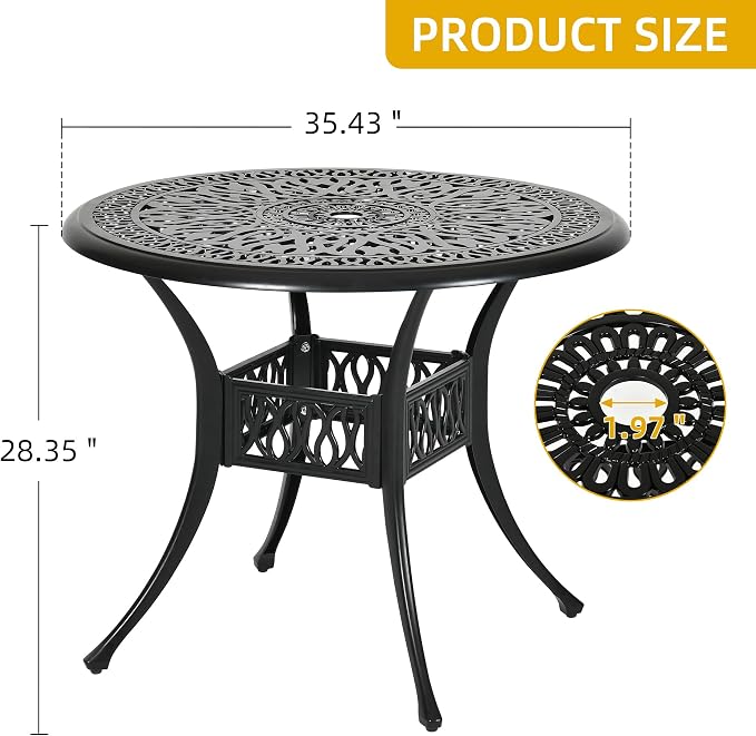 DWVO 35 Inch Outdoor Dining Table Cast Aluminum, Patio Round Bistro Table with Umbrella Hole for Backyard, Garden, Patio, Porch, Black - Image 3