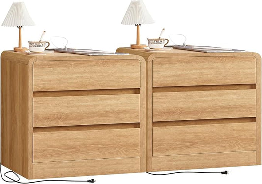TEENFON Nightstands Set of 2, Night Stand with 3 Storage Drawer and Charging Station, Modern End Tables Wide Night Stands for Bedroom Sofa Couch Home Office, Natural by TEENFON