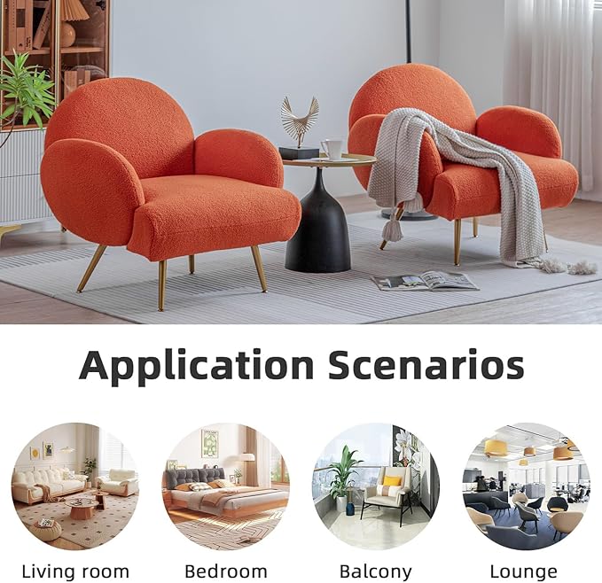 Orange Accent Sherpa Chair, Comfy Boucle Chair for Reading Bedroom Living Room with Golden Metal Legs Teddy Tufted Backrest Sofa Armchair Side Chair