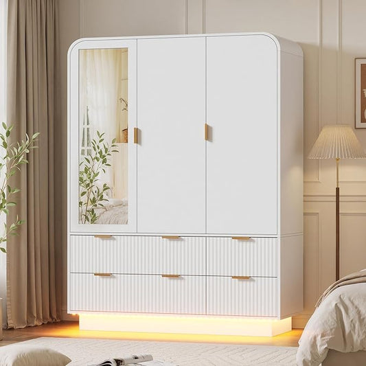 3 Door Wardrobe Closet with Mirror and LED Lights,Wooden Bedroom Armoires with Hanging Rods & Shelves, Drawers for Bedroom,Laundry Room,Cloak Room,White