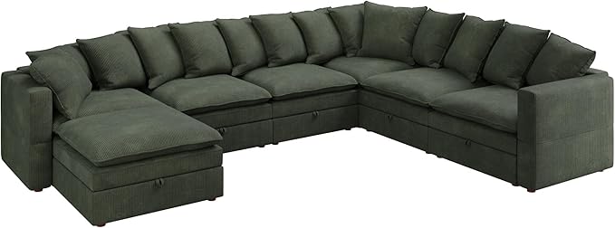 HONBAY Modular Sectional Sofa with Ottoman, 7 Seat U Shaped Couch with Storage & Pillows, 137 Inch Oversized Sectional Sofa for Living Room, Green