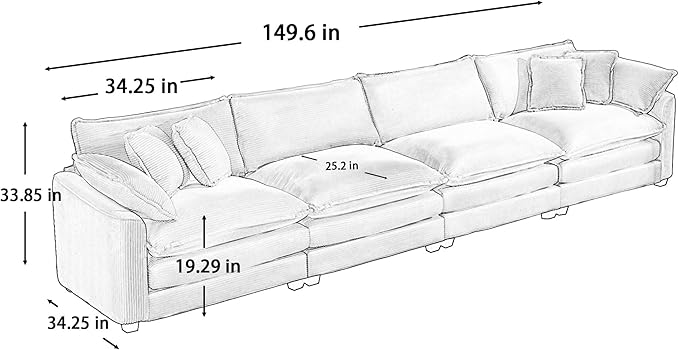 KEIKI 150" Oversized Corduroy Modular Sectional Cloud Sofa with High-Density Foam Cushions, Removable Armrests, Upholstered Modern 4-Seater Fluffy Corner Couch with 6 Pillow, for Living Room, Green