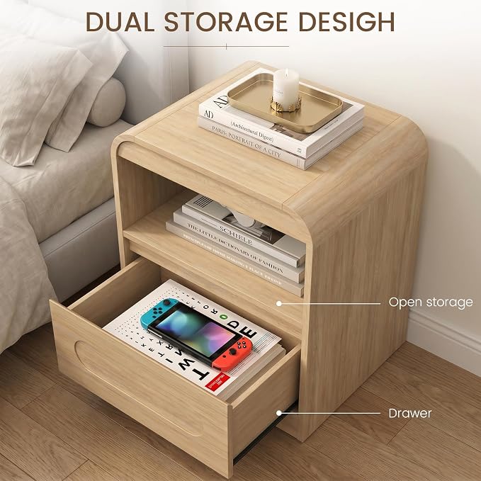 Wood Nightstand Set of 2, Modern Night Stand with Drawers, Oak Nightstand, 22" Bedside Side Table with Open Storage, Curved Corners, Hidden Handle, Night Stands End Table for Bedroom Sofa Couch - Image 4