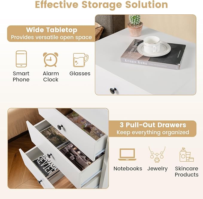 KOMFOTT 3 Drawers Nightstand, Wooden Bedside Table with Ample Storage, Modern Drawer Organizer, Space-Saving Modern Sofa Side End Table for Bedroom Home Office Small Space (White,1) - Image 6