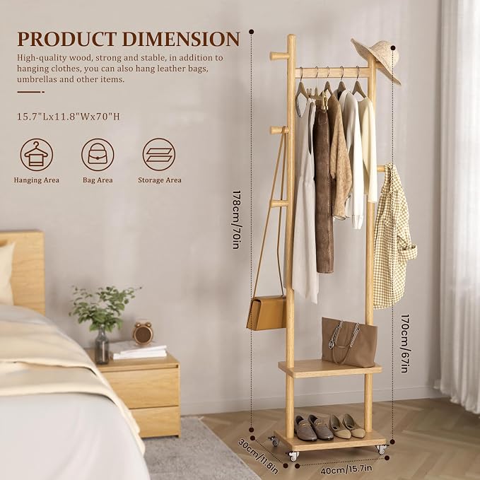 Solid Wood Coat Rack Freestanding Clothing Rack with Wheels & 2 Shelves Storage & 5 Hooks Heavy Duty Clothes Rack Wood Coat Tree Stand Hat Hanger Rack for Corner Bedroom Entryway Living Room Hotel - Image 6