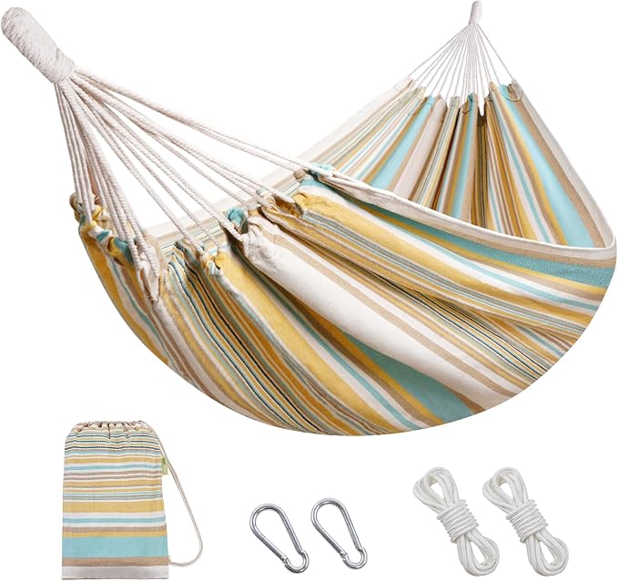 Brazilian Hammock with Tree Straps - Cotton Hammocks Portable Hammock with Carry Bag for Backyard, Porch, Outdoor and Indoor Use Yellow & Green by INNOSTAGE