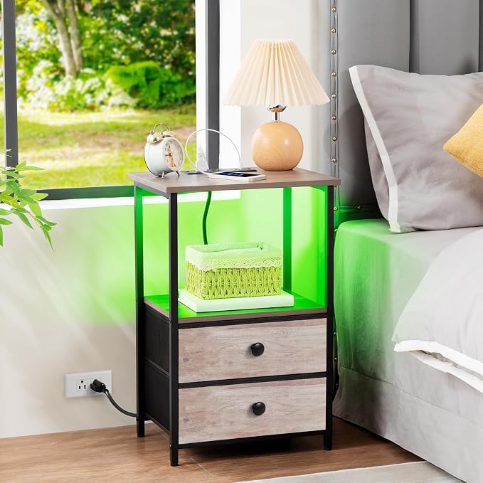 LOAKEKEL Night Stand Set 2, LED Nightstand with Charging Station, End Tables with Storage Shelf, Bedside Table with 2 Fabric Drawers for Bedroom, Small Spaces, Grey HETS02PGY - Image 2